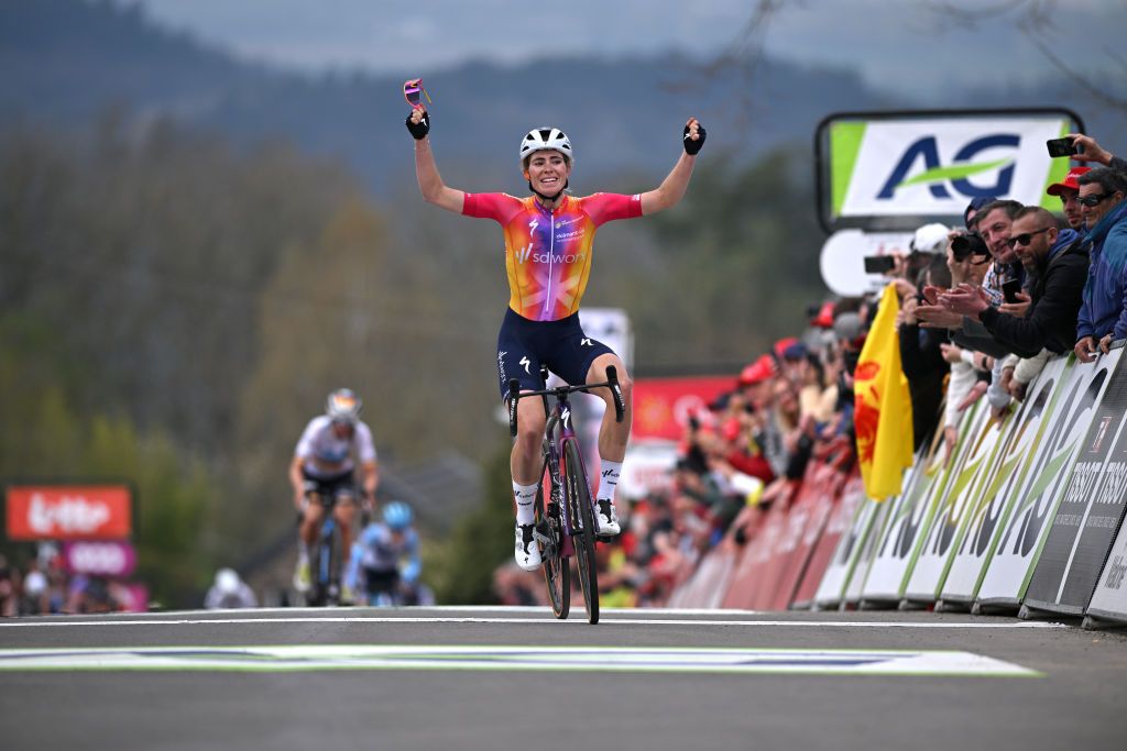 HUY BELGIUM APRIL 19 Demi Vollering of The Netherlands and Team SD Worx celebrates at finish line as race winner during the 26th La Fleche Wallonne Feminine 2023 a 1273km one day race from Huy to Mur de Huy UCIWWT on April 19 2023 in Huy Belgium Photo by David StockmanGetty Images