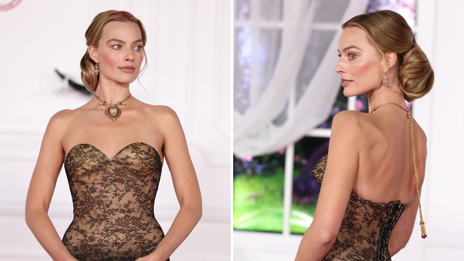Two images of Margot Robbie at the "Wuthering Heights" World Premiere held at the TCL Chinese Theatre on January 28, 2026 in Los Angeles, California.