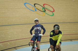 Jason Kenny reacts after officials fired the shot potentially disqualifying him and Awang