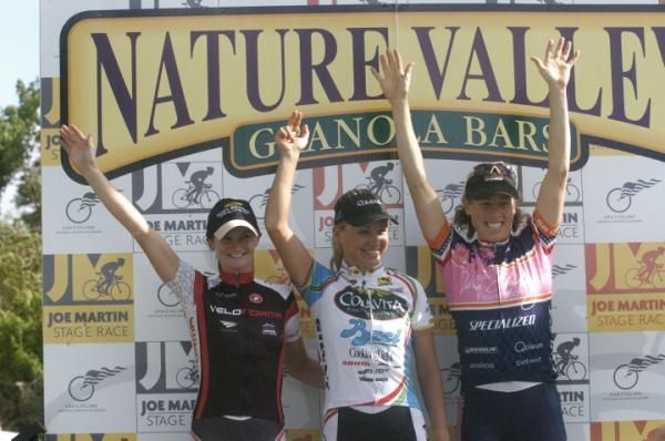 Women's stage podium: Christina Gokey-Smith (2nd, Veloforma), Modesta Vzesniauskaite (1st, Colavita/Baci Pro Cycling Team) and Alison Powers (3rd, Team Vera Bradley Foundation)