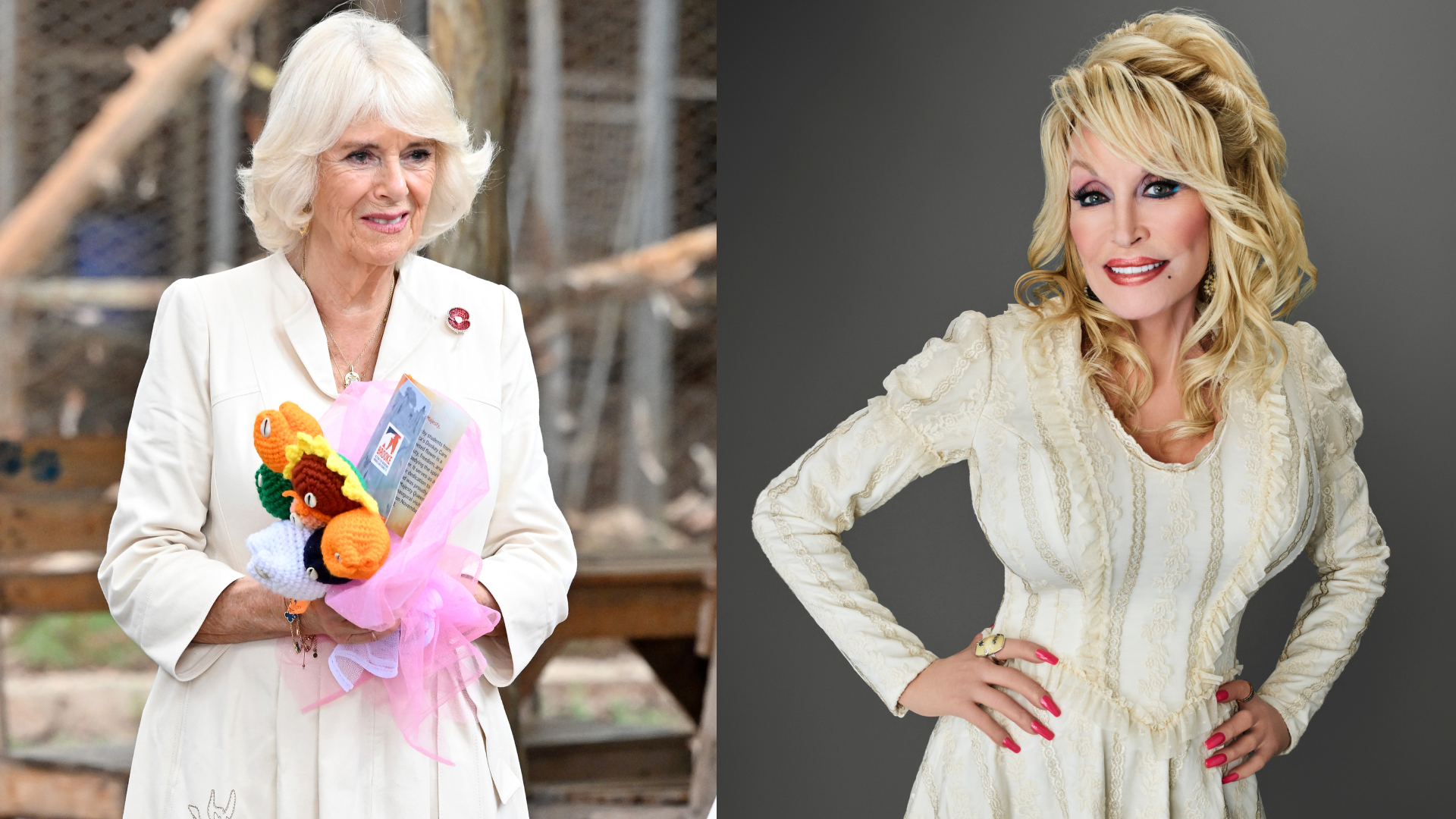 A split image of Queen Camilla holding flowers in a white dress and Dolly Parton posing in a white dress on a gray background