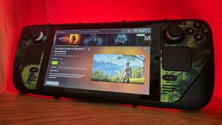 Steam Deck console with NvIdia GeForce Now interface on screeen