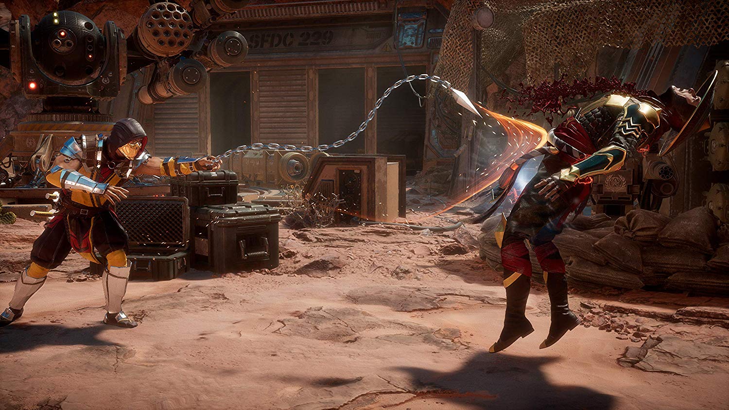 A screenshot from Mortal Kombat 11, showing Scorpion performing a chain grab on Raiden.