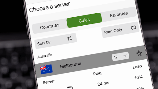 The Melbourne server selected on IPVanish&#039;s location tab in the VPN app running on a smartphone