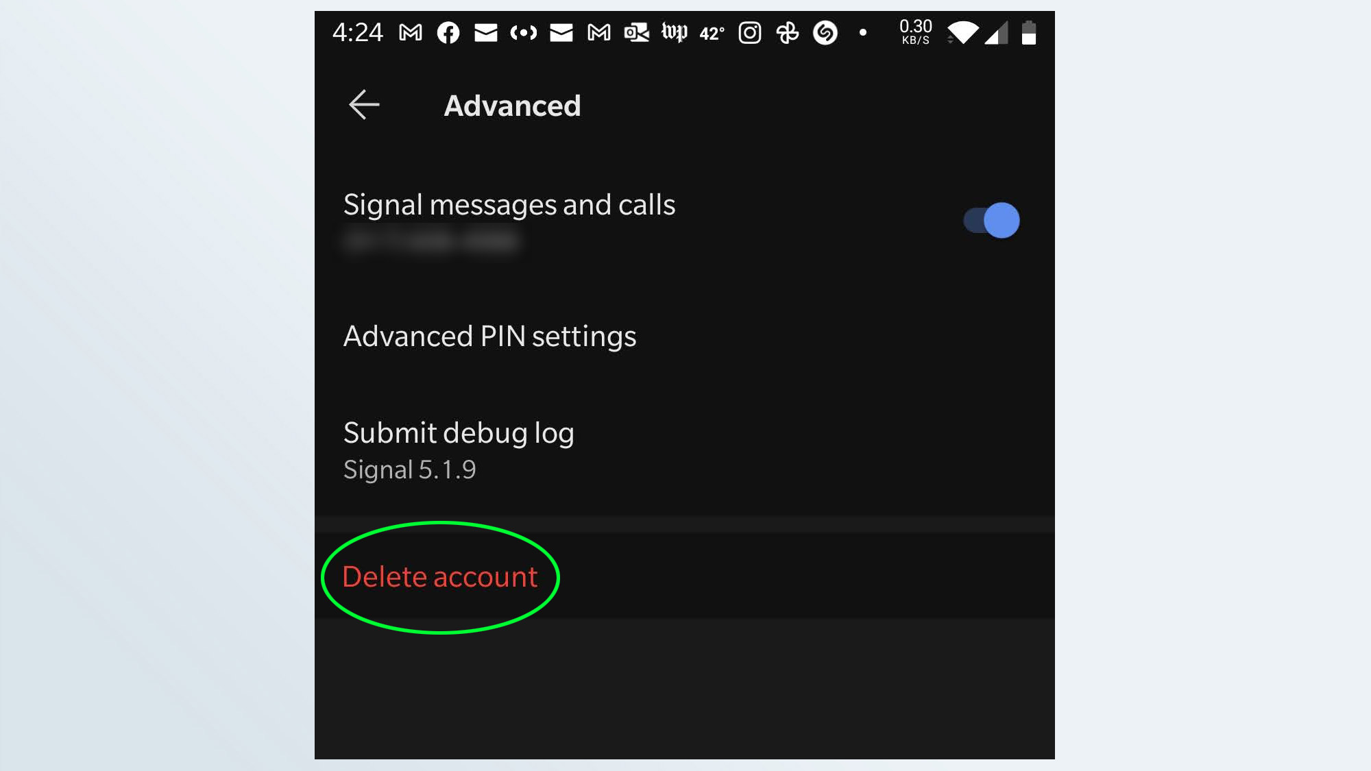 Снимок экрана с параметром Удалить учетную запись в приложении Signal для Android.