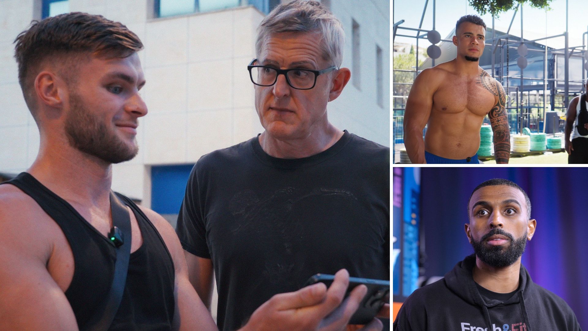 A composite image of Louis Theroux meeting influencers including Ed Matthews, HSTikkyTokky and Myron Gaines