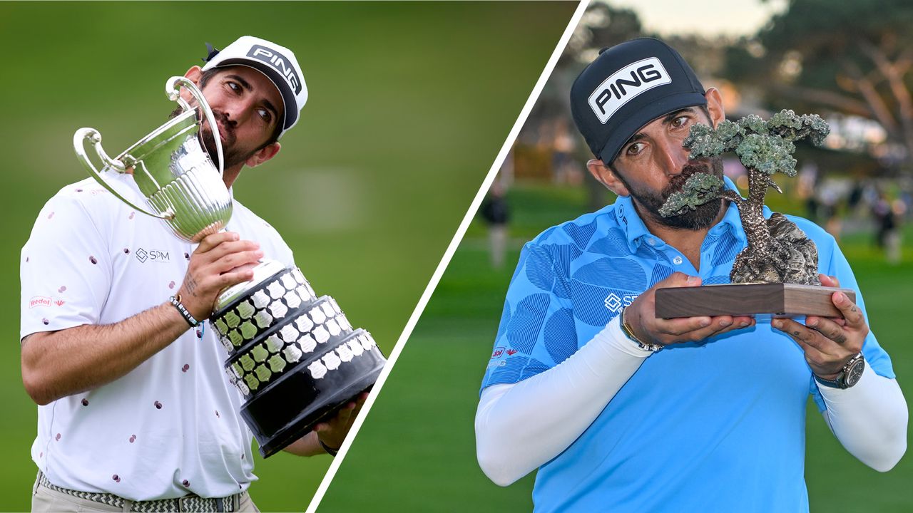 A split screen of Matthieu Pavon&#039;s first DP World Tour win (left) and his debut PGA Tour win (right)