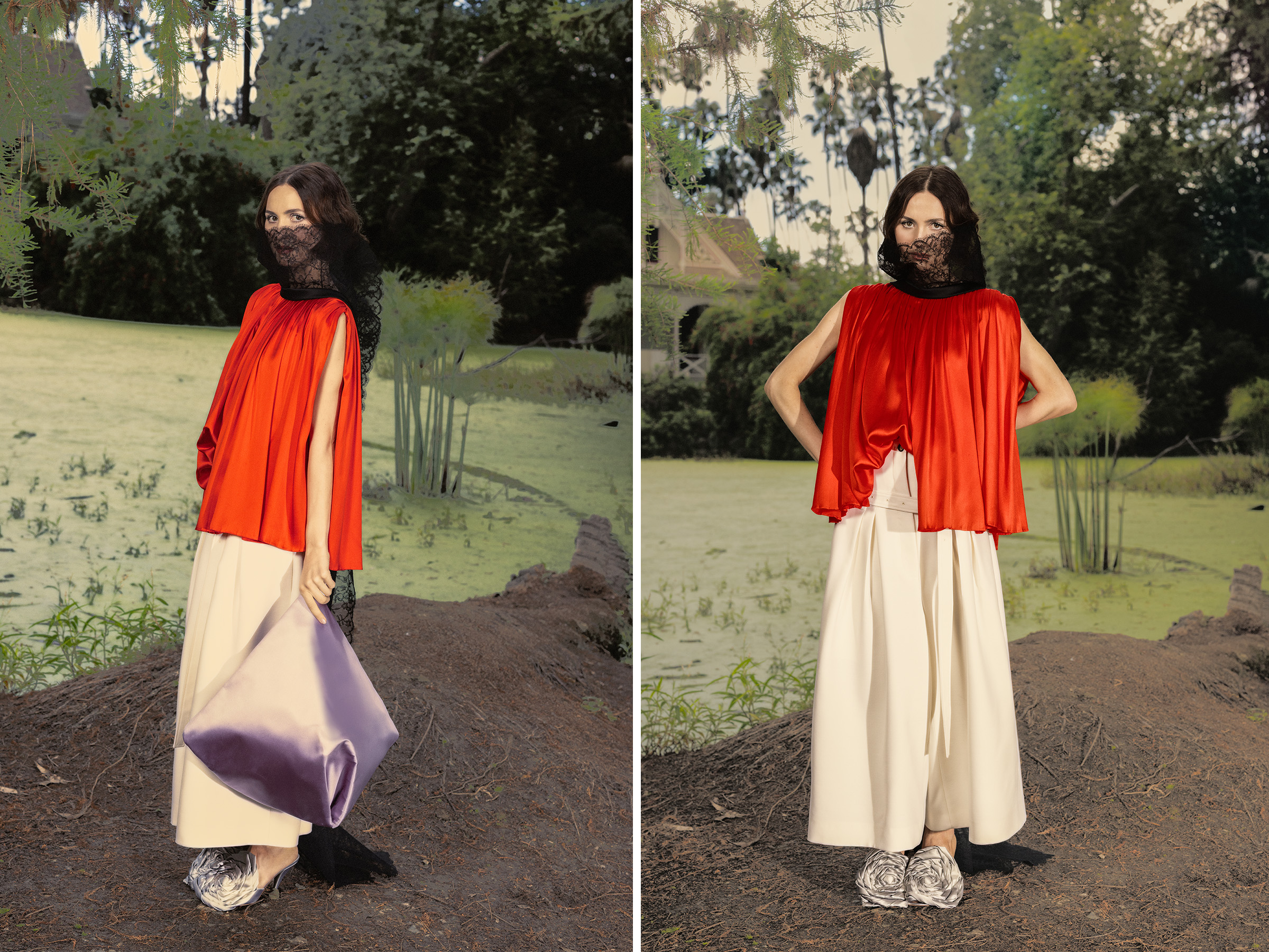 Maude Apatow photographed by Dana Trippe for Who What Wear. Standing by a green pond, she wears a Dior orange top with lace neck detailing, white trousers, and silver rose shaped shoes.