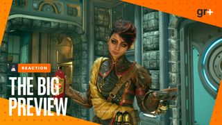 The Outer Worlds 2 character holding bottle and glass, with the GamesRadar+ Big Preview frame and Reaction sticker