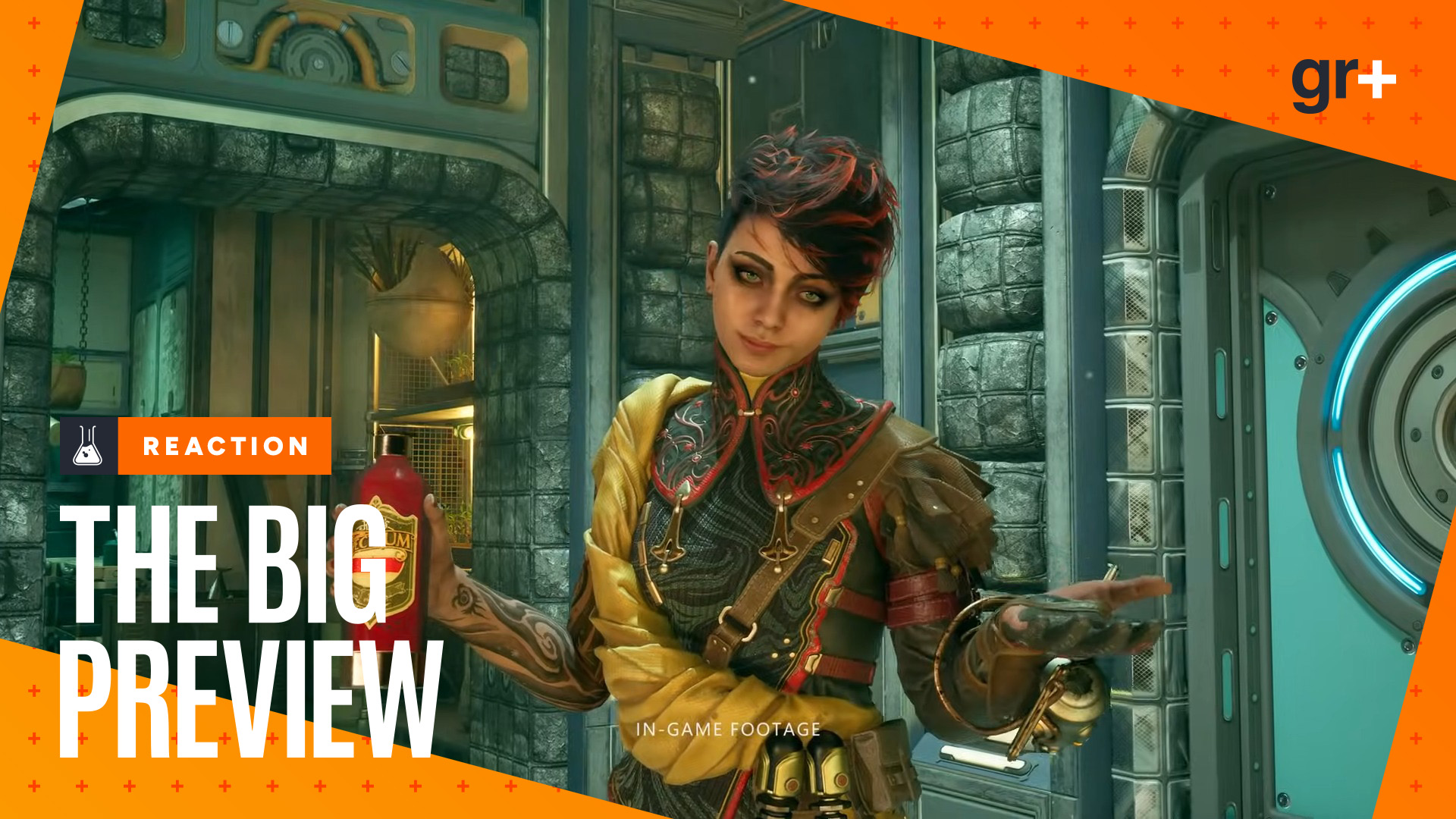 The Outer Worlds 2 character holding bottle and glass, with the GamesRadar+ Big Preview frame and Reaction sticker
