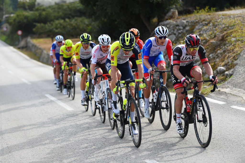 ALTO DE LAS ANTENAS DEL MAIGMO TIBI ALICANTE SPAIN FEBRUARY 04 LR Sven Erik Bystrom of Norway and Team Intermarch Wanty Gobert Matriaux and Jan Polanc of Slovenia and UAE Team Emirates compete in the breakaway during the 73rd Volta A La Comunitat Valenciana 2022 Stage 3 a 1551km stage from Alicante to Alto De Las Antenas Del Maigmo Tibi 1080m VCV2022 on February 04 2022 in Alicante Spain Photo by Dario BelingheriGetty Images