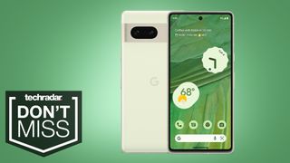 Google Pixel 7 in green on green background with 'Don't miss' text overlay