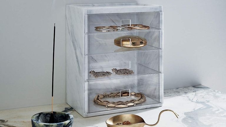 CB2 marble jewlery and bedroom organizer with 4 drawers on dresser