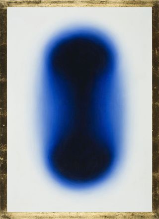 'Blue D.1.', by Wojciech Fangor. An oval shape on a white background with blue and black blended together.