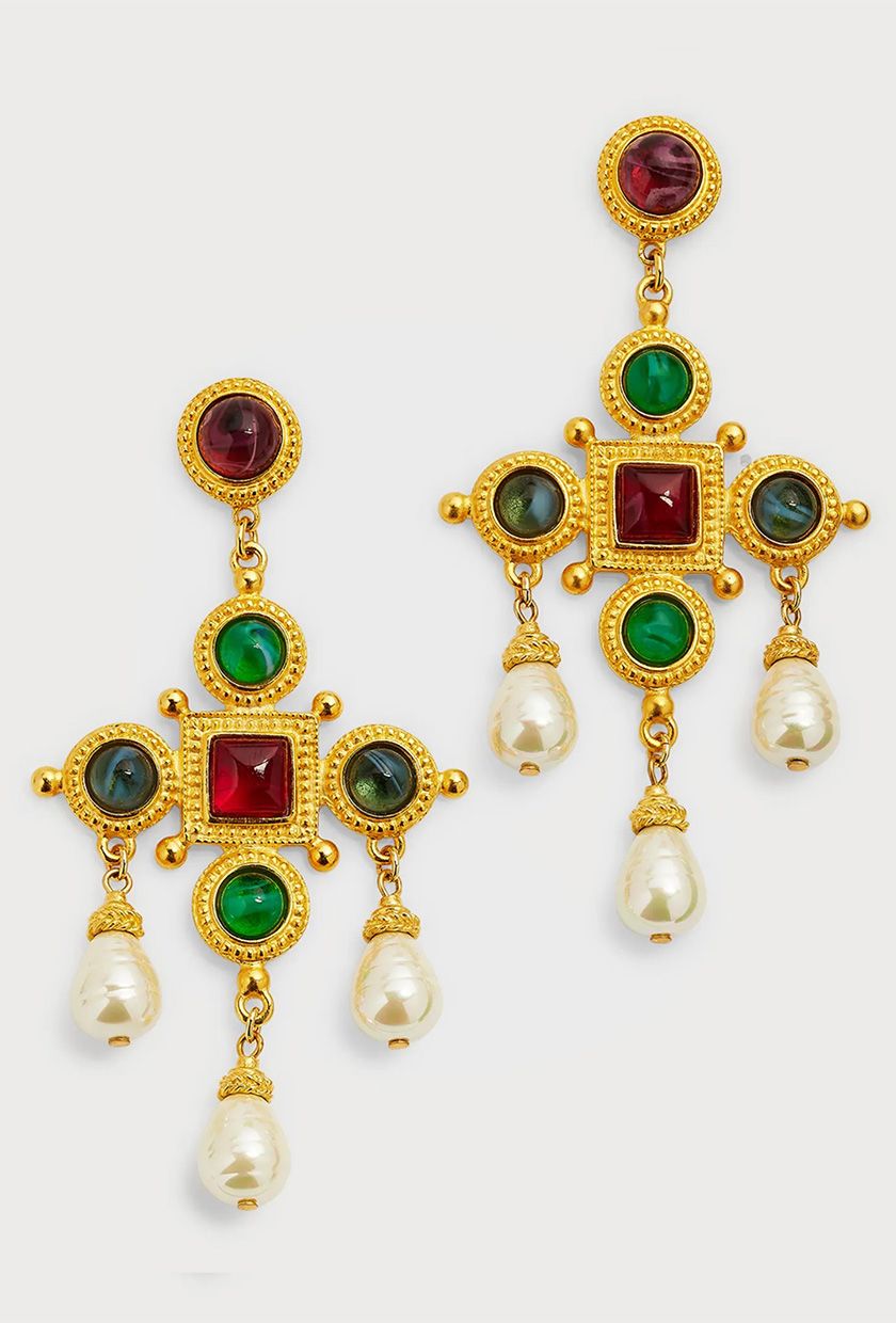 Ben-Amun 24k Gold Electroplated Pearly Drop Cross Earrings