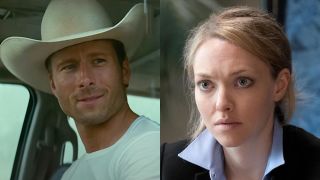 Tyler Owens (Glen Powell) looks over in Twisters, while Elizabeth Holmes (Amanda Seyfried) looks unnerved on The Dropout