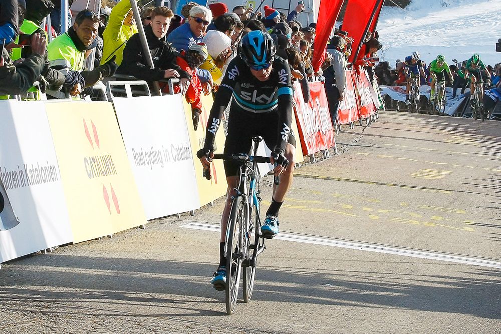 Chris Froome crosses the line for 9th during stage 3 at Volta a Catalunya