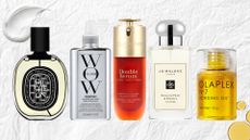 Lineup of AllBeauty top picks (L-R) Diptyque Orpheon, Color Wow Dreamcoat, Clarins Double Serum, Jo Malone English Pear & Freesia and Olaplex No7 Bonding Oil, on a white textured background with cream and oil swatches