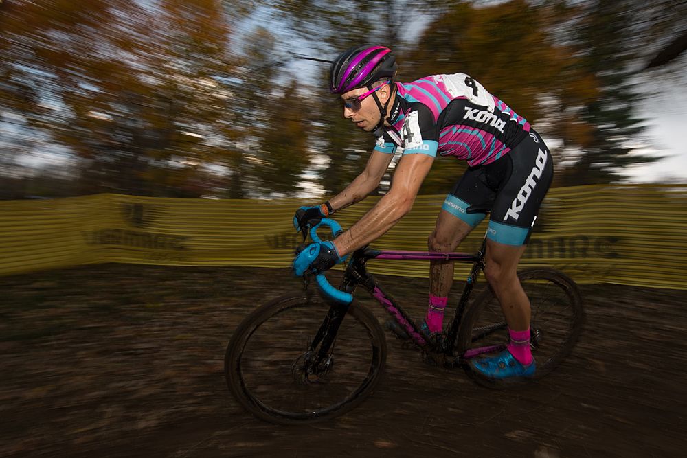 Kerry Werner (USA) Kona Factory CX Team takes on a descent during the early laps of the race.