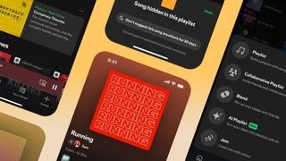 A series of phone screens on a yellow background showing the Spotify app