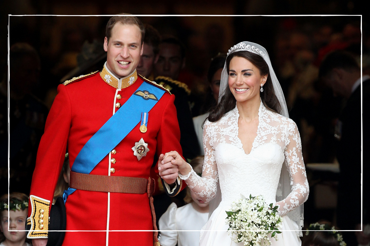 a close up of Prince William and Kate Middleton leaving the church on their wedding day in 2011