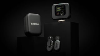 Shure MoveMic and accessories sitting on black plinths