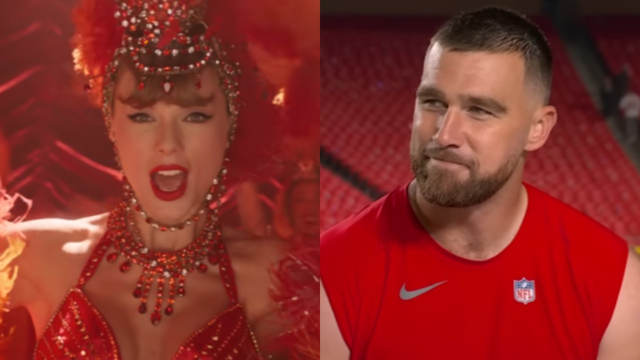 From left to right: Taylor Swift in her orange showgirl costume and singing in the Fate of Ophelia music video and Travis Kelce smiling during an interview with ESPN.