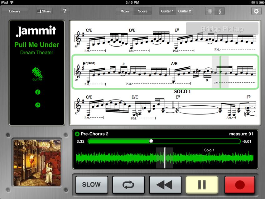 Notation View - Score view displaying standard notation and indicator for appropriate pickup switching