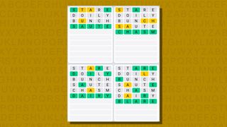 Quordle daily sequence answers for game 776 on a yellow background