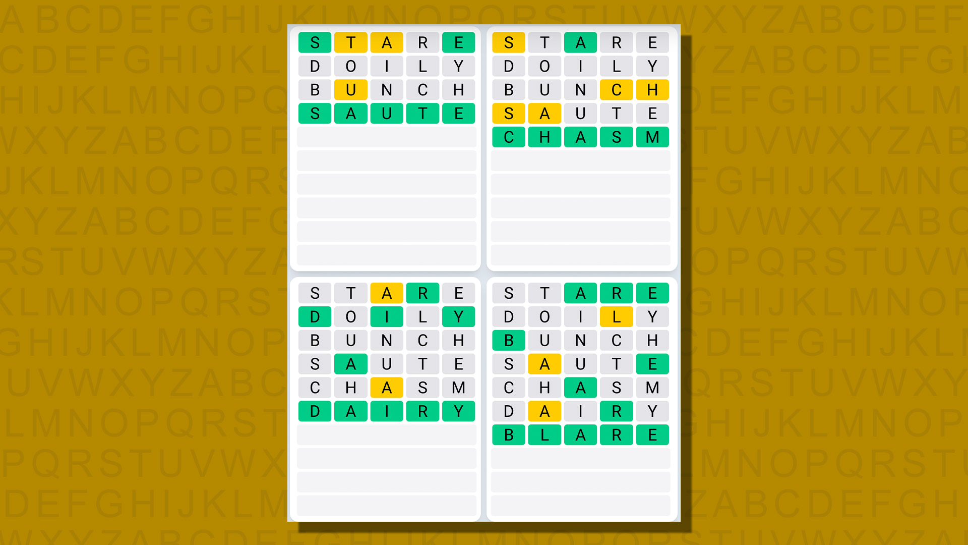 Respuestas de secuencia diaria de Quordle para el juego 776 sobre un fondo amarillo