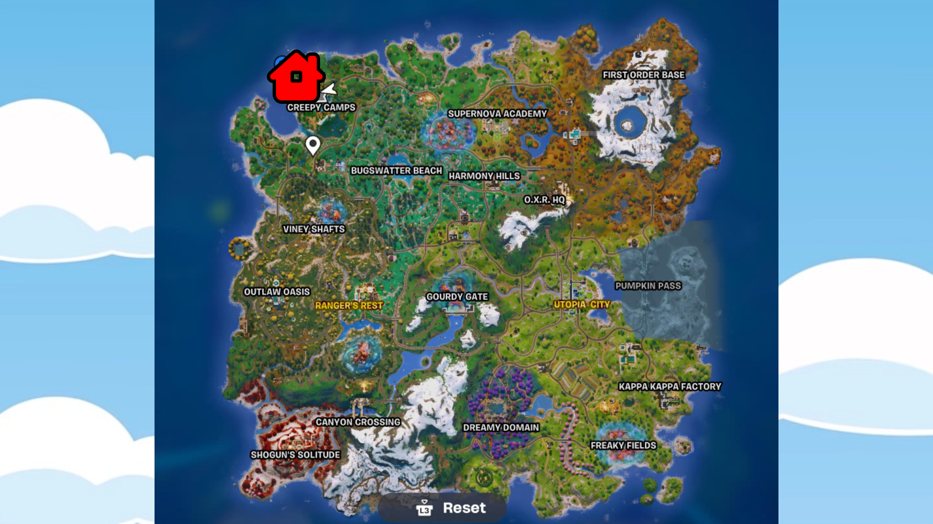 The Fortnite Map, with Bart's Treehouse marked on it with a red house icon