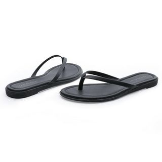 Centropoint Women's T-Strap Thong Flat Flip Flops Casual Thin Strap Sandals Single Layer Premier Leather Shoes for Summer Outdoor Black Pu Size 9