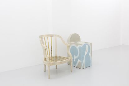 Fashion to Furniture exhibition 2023, featuring two chairs by Rei Kawakubo and Virgil Abloh (right)