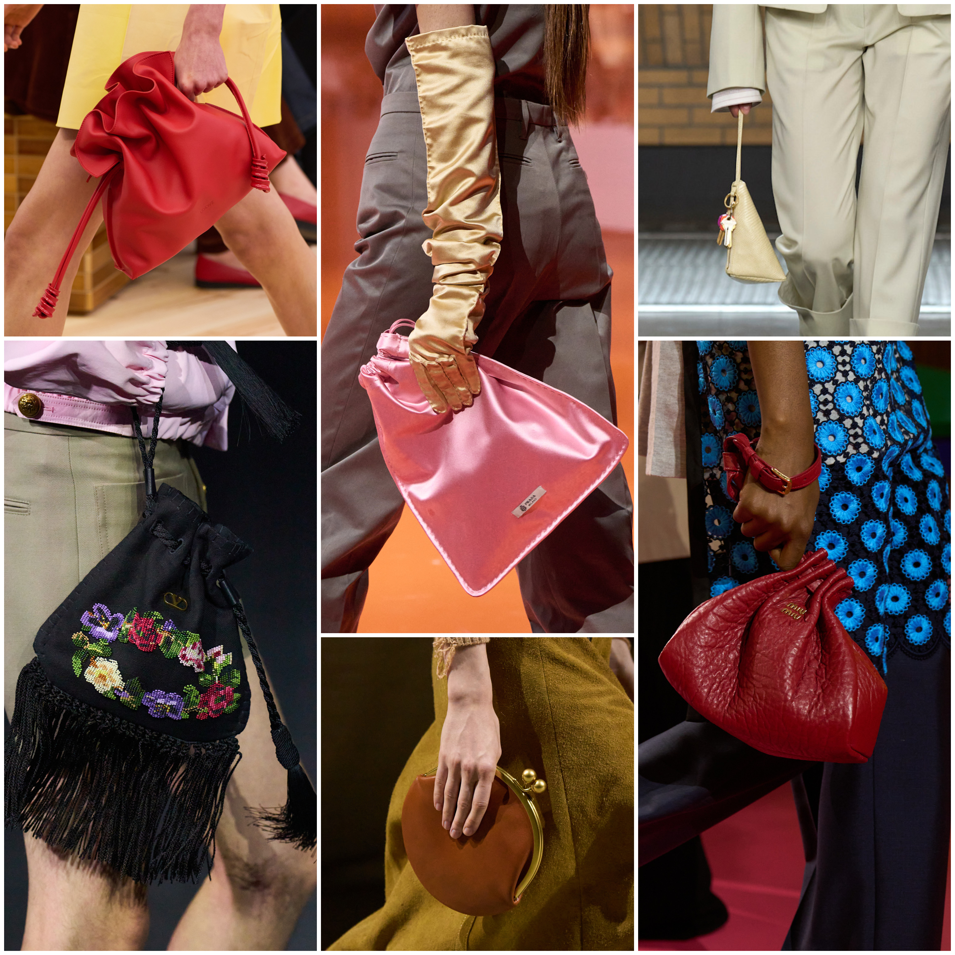 the spring 2026 pouch bag trend at Loewe, Valentino, Prada, Coach, Calvin Klein, and Miu Miu