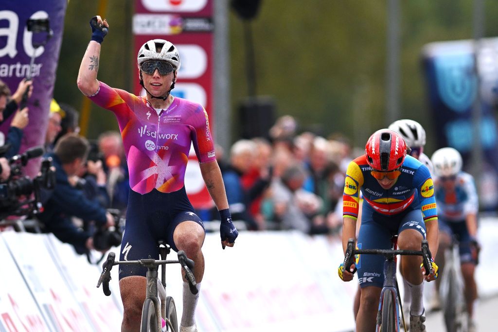 ZEEWOLDE NETHERLANDS OCTOBER 10 LR Lorena Wiebes of The Netherlands and Team SD Worx Protime celebrates at finish line as stage winner ahead of Elisa Balsamo of Italy and Team Lidl Trek during the 26th Simac Ladies Tour 2024 Stage 3 a 1484km stage from Zeewolde to Zeewolde UCIWWT on October 10 2024 in Zeewolde Netherlands Photo by Luc ClaessenGetty Images