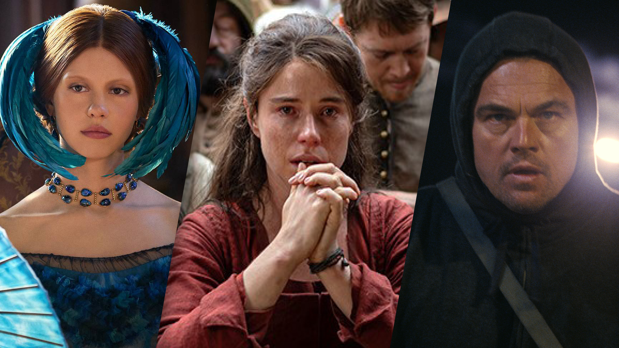 (From L to R) Mia Goth as Lady Elizabeth Harlander in Frankenstein; Jessie Buckley as Agnes Shakespeare in Hamnet; and Leonardo DiCaprio as Bob Ferguson in One Battle After Another