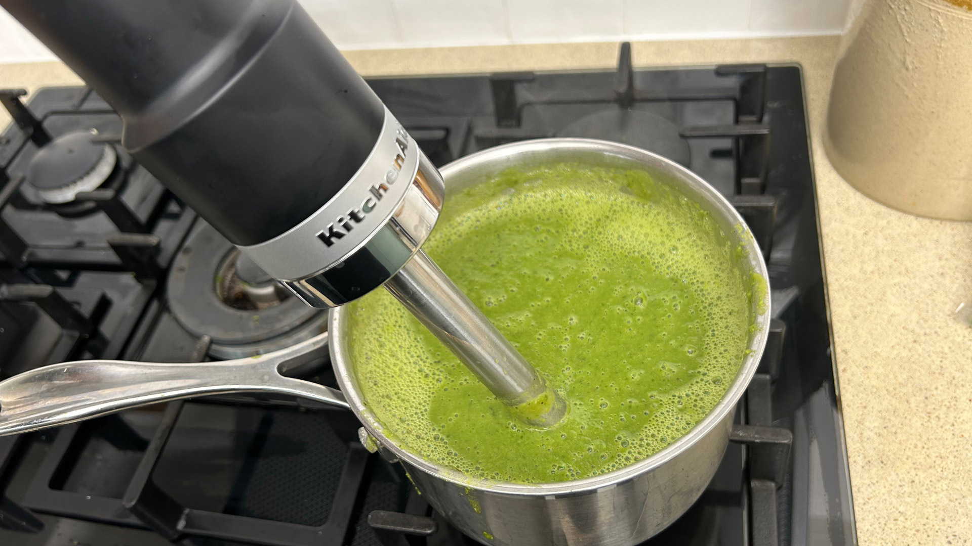 Making pea and mint soup with the KitchenAid Go Cordless Hand Blender: after