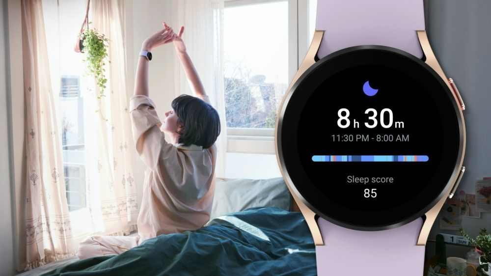 A women stretching with a large Galaxy Watch 4 in the foreground