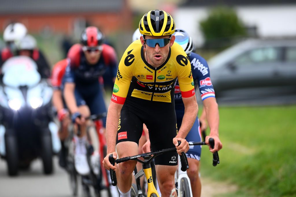 WAREGEM BELGIUM MARCH 30 Tiesj Benoot of Belgium and Team Jumbo Visma competes in the chase during the 76th Dwars Door Vlaanderen 2022 Mens Elite a 1837km one day race from Roeselare to Waregem DDV22 DDVmen WorldTour on March 30 2022 in Waregem Belgium Photo by Tim de WaeleGetty Images