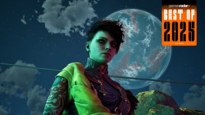 The Outer Worlds 2 screenshot showing companion Aza standing before a moon that hangs in the sky. GamesRadar+'s Best of 2025 logo sits in the top right-hand corner of the image
