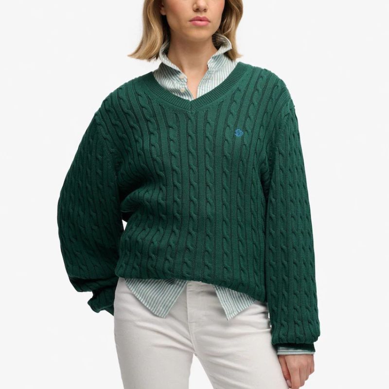 Superdry, Green Oversized V-Neck Cable Jumper