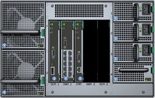 A graphical image of the Intel MFSYS25’s Rear Panel. Left side: Main Cooling Modules, Center: Management Module, Ethernet Switch Module and Storage Controller Module, Upper Right: Three installed Power Modules, Bottom Right: Power Module Filler Panel