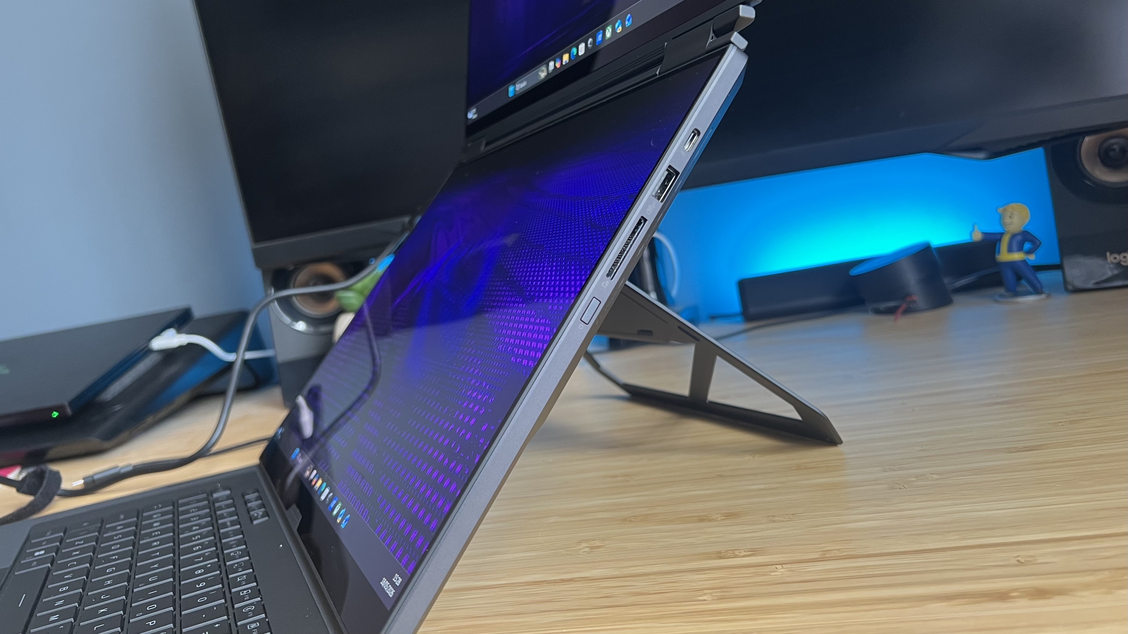 Close up on stand coming out of the lower screen on the Asus ROG Zephyrus Duo gaming laptop