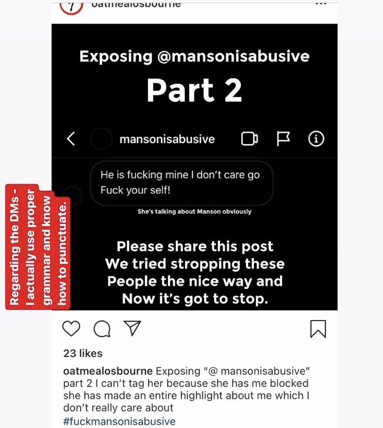 A screengrab of harassment sent to the Mansonisabusive Instagram page