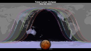 A map showing where the May 26, 2021 lunar eclipse is visible. Contours mark the edge of the visibility region at eclipse contact times. The map is centered on 170°15'W, the sublunar longitude at mid-eclipse.