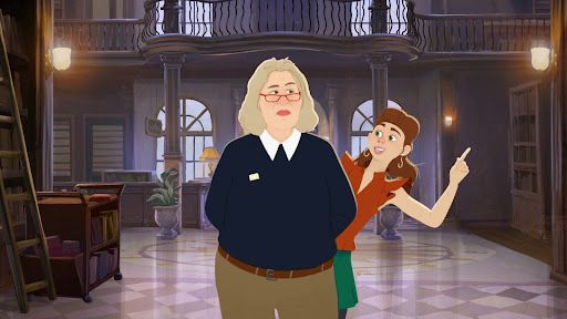 How we made Ada; A digitally animated scene depicts two women in a grand, antique-style library, with one pointing.