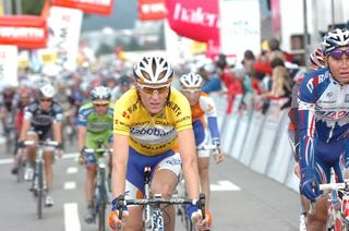 Robert Gesink (Rabobank) finishes up safely in the lead at the end of stage 7 of the Tour de Suisse.
