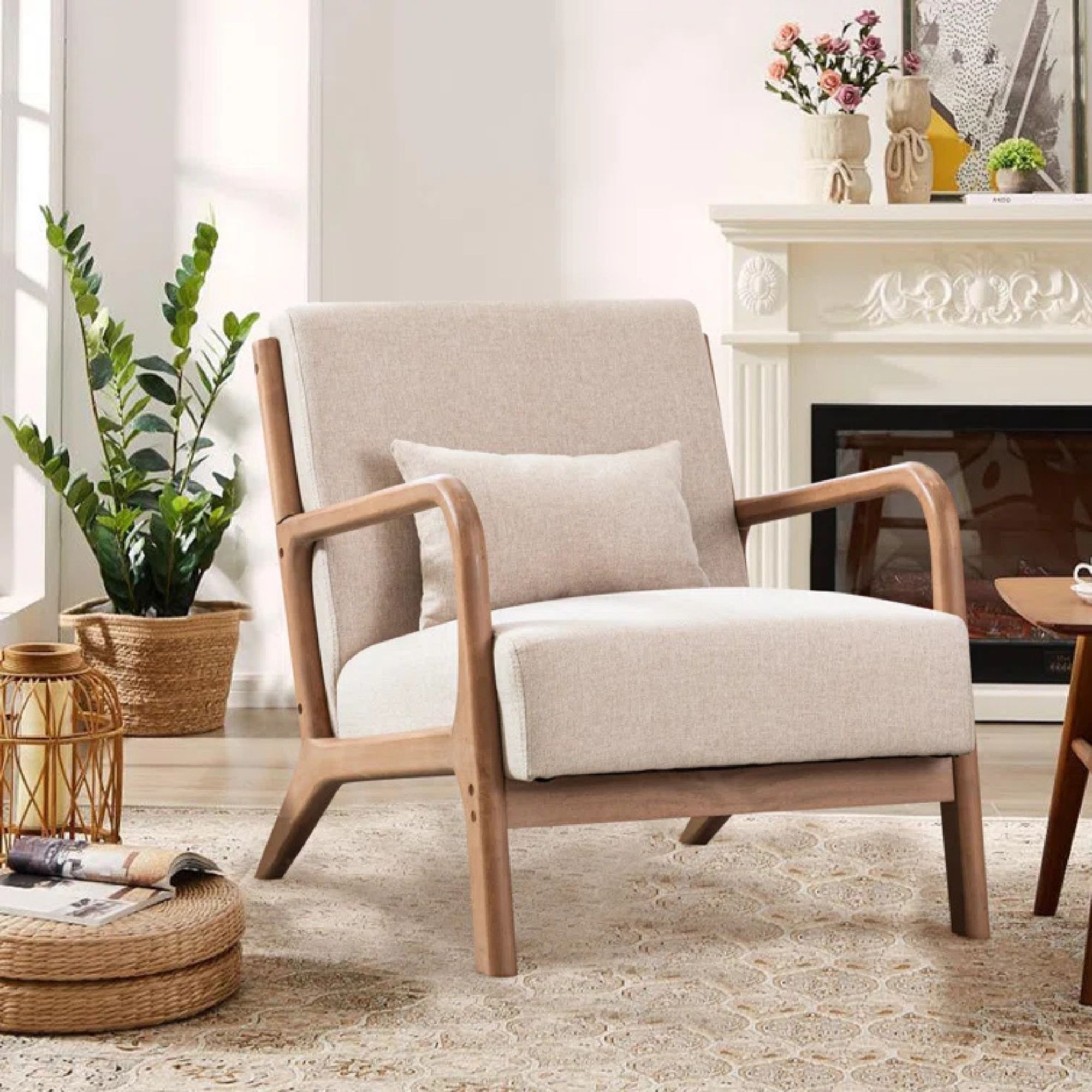 Mid Century Upholstered Solid Wood Accent Chair 