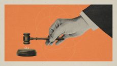 Illustration of a judge's hand using a tiny gavel and block