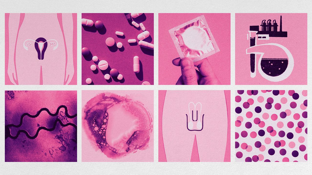 Photo collage of a diagram of female genitalia; a photo of scattered pills; a hand holding a sealed condom; an illustration of a vial and beaker; a microscope photo of syphilis bacterium; an organic, bubbling ink spill; a diagram of male genitalia; and a photo of overlapping confetti paper dots